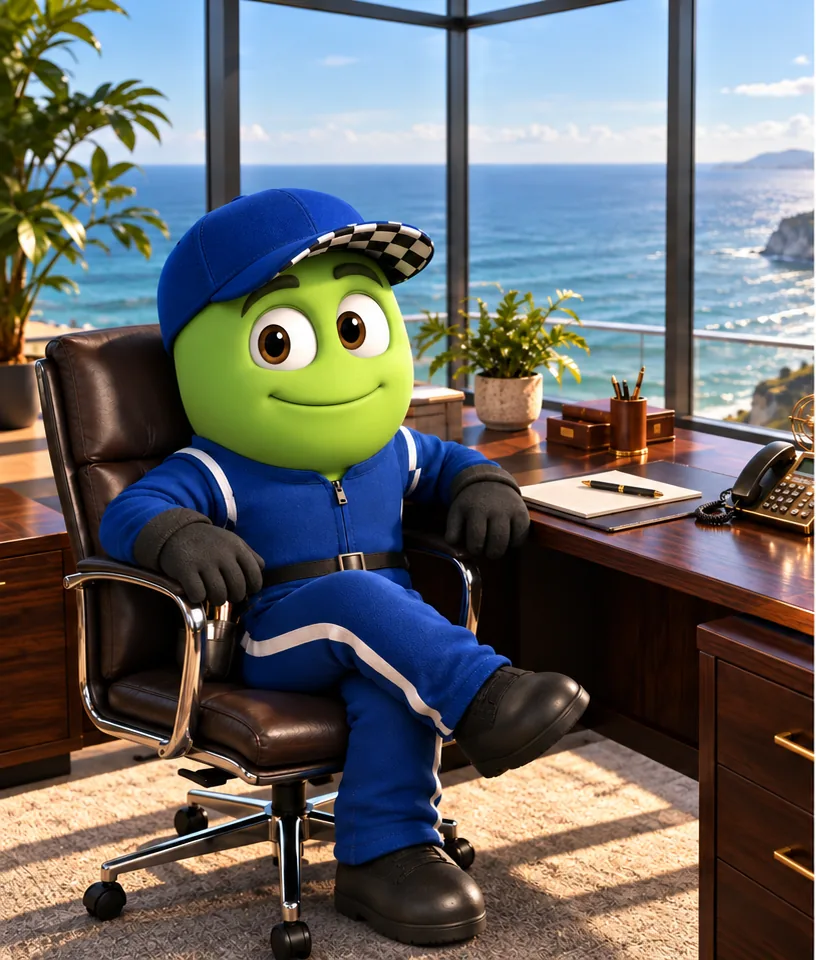 Chirpy, the Fastest Freelancers mascot, a green pit-crew jackman in a blue racing suit, sitting at an executive desk overlooking the ocean
