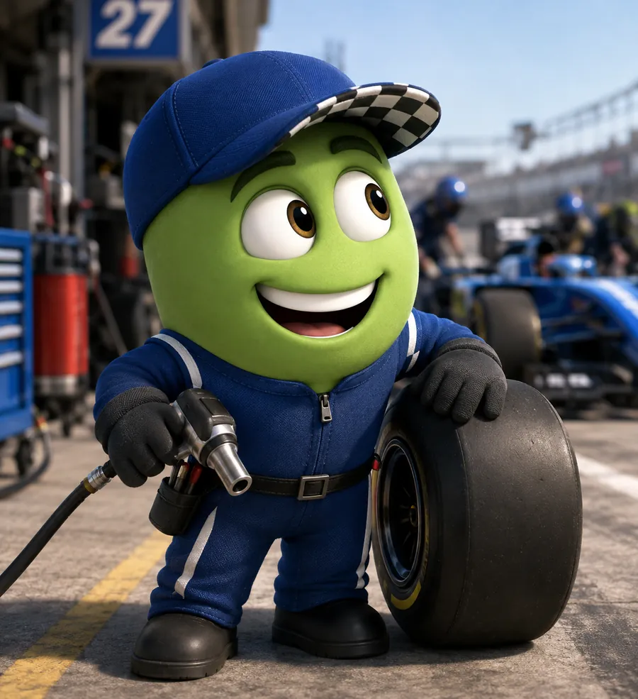 Chirpy, the Fastest Freelancers mascot, a smiling green pit-crew jackman in a blue racing suit holding an air wrench beside a racing tire